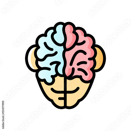 Vector illustration of a human brain with left and right hemispheres distinguished by different colors, showcasing anatomy and intelligence