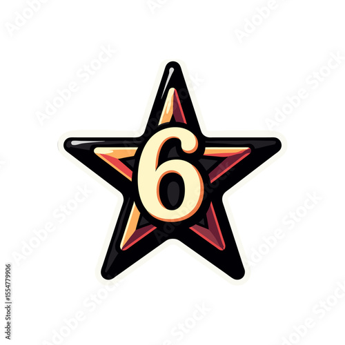 Vector illustration of a star with number six in the center featuring glossy black edges and vibrant retro color accents creating a dynamic and eye catching graphic