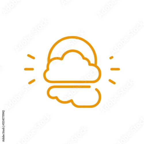 Vector illustration of a sun hidden behind clouds creating a misty atmosphere with light rays shining through, depicted with an orange outline