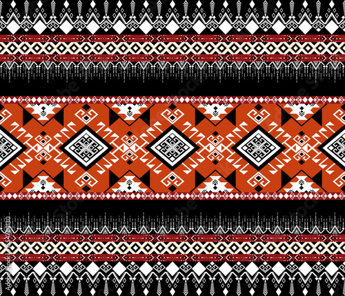 Abstract geometric ethnic fabric pattern, pixel style, full fabric pattern, orange, black, for textile, cloth, clothes, curtains, carpets, pillows, vector illustration.
