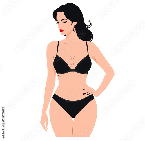 Minimalist vector illustration of women in elegant lingerie, diverse body types, clean lines and soft pastel colors