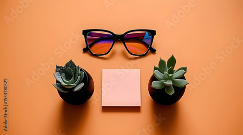 Minimalist flat lay of black framed glasses and two succulent plants on orange background