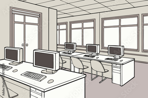 Spacious computer lab with rows of monitors and desks in empty classroom