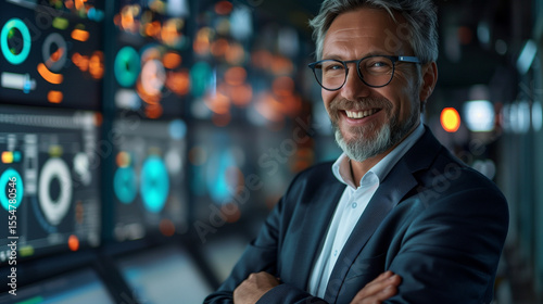 Smiling man with glasses in front of monitors displaying data and graphics in a control room setting