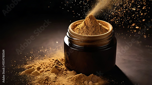 Brown powder erupting from a jar with particles scattering in the air