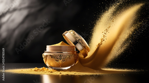 Luxurious gold powder spills from an ornate cosmetic jar in a dramatic display