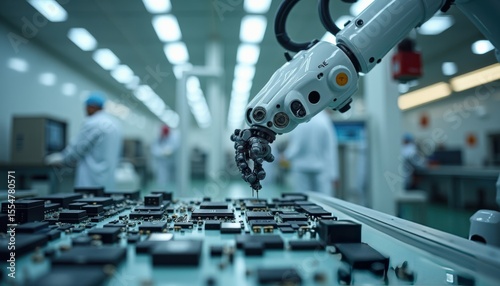 Advanced Robotics in Action: A Close-Up of a Robotic Arm Working on Circuit Boards in a High-Tech Environment