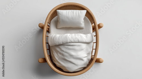 Overhead view of a wooden baby cradle with white bedding and a pillow on a white background