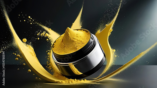 Luxurious gold powder explodes from a sleek black cosmetic jar in a dynamic swirl