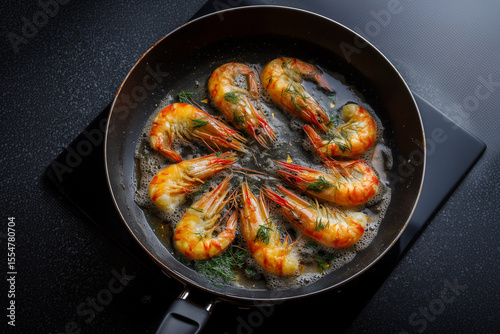 Overhead view of cooked shrimp in a frying pan with dill on a black stovetop surface showing food