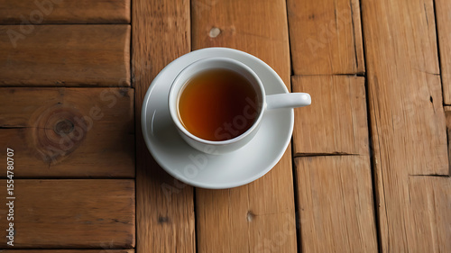 Overhead view of a white cup of tea resting on a saucer on a rustic wooden table