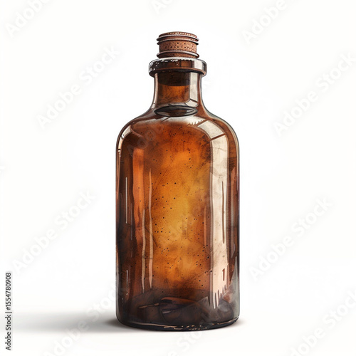 A brown glass bottle with a cork stopper on a white background in a studio setting with soft lighting