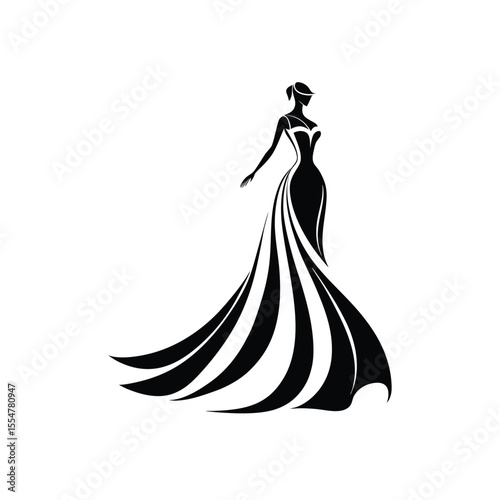 Elegant bridal gown silhouette, flowing long train, strapless design, minimal black and white vector art, isolated on white background in Adobe Illustrator Artwork