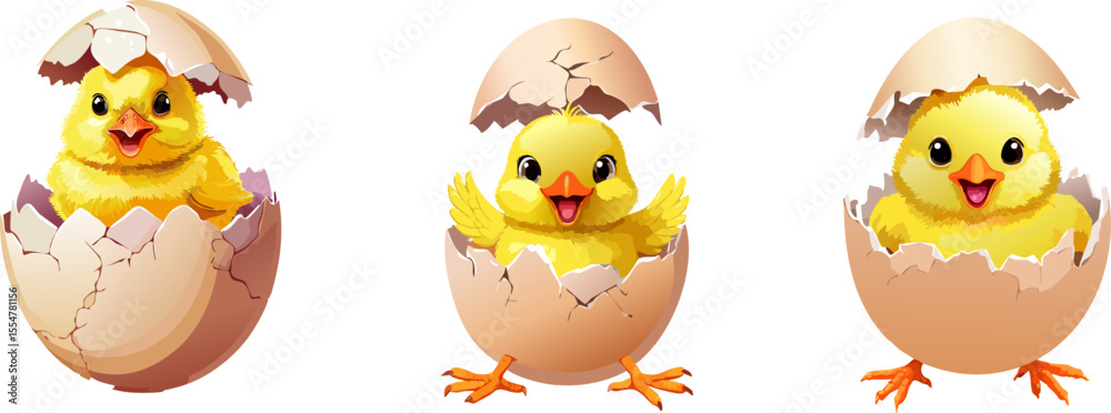 Fototapeta premium Three adorable chicks emerging from their cracked eggs, each with a unique expression of wonder. They bring the spirit of new life and springtime