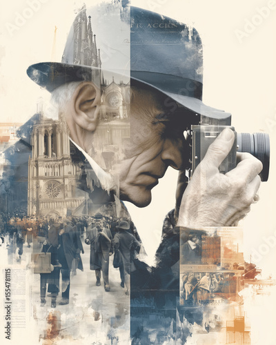 A double exposure portrait of a senior photographer in a fedora, his silhouette filled with a bustling European city scene. Art, memory, and travel concept.