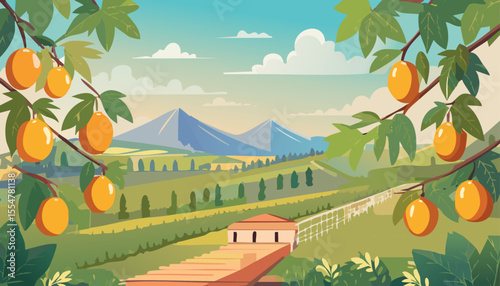 Vibrant orchard scene with ripe fruit and rolling hills, showcasing the bounty of nature and the promise of harvest
