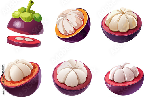 A vibrant array of sliced mangosteen fruit, showcasing its succulent segments and purple rind