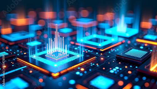 Futuristic Holographic Interface - Digital Technology Dashboard. Advanced sci-fi visualization featuring glowing blue holographic displays and high-tech circuit board elements with cinematic lighting