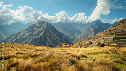 A scenic view of andes mountains with terraces and golden grass under a cloudy blue sky landscape view