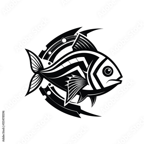 Elegant black and white vector icon of a fish with futuristic, cyberpunk-inspired lines and angular patterns — silhouette with digital flair in Adobe Illustrator Artwork