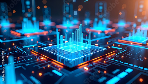Futuristic Holographic Interface - Digital Technology Dashboard. Advanced sci-fi visualization featuring glowing blue holographic displays and high-tech circuit board elements with cinematic lighting