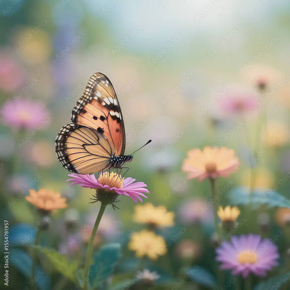 Obraz premium Graceful butterfly with orange wings rests on a delicate pink flower in a vibrant garden, evoking nature's beauty.
