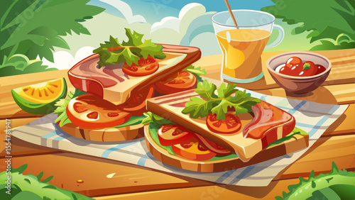 Crispy bacon slices rest between layers of fresh lettuce and juicy tomato, all tucked inside two slices of toasted sourdough. The edges of the toast are golden and slightly charred, with tiny bacon 