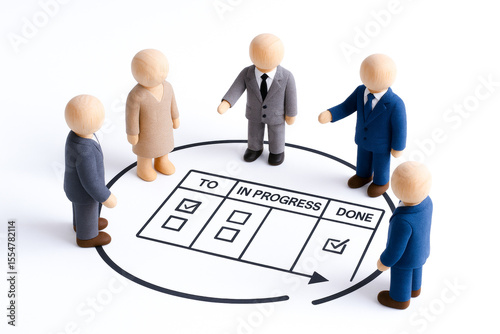 Wooden figurines representing team engaged in leadership concept with task management board, emphasizing agile collaboration and progress tracking in professional setting