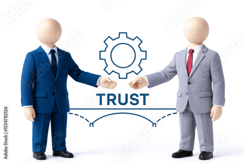 Two puppet figures business suits shaking hands with gear icon and word trust between them, representing collaboration and confidence leadership and concept of trust professional relationships