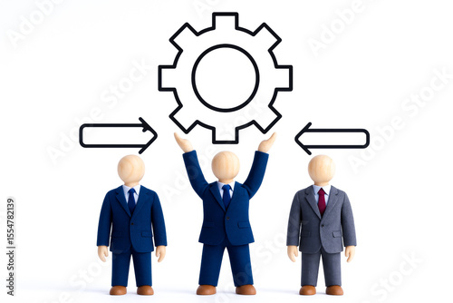 Three miniature figures dressed business suits with wooden heads, one raising hands towards gear symbol, representing teamwork and process management, with arrows indicating flow or direction