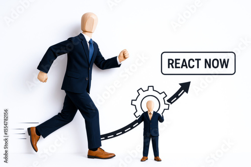 Large figure of person business suit appears to be running forward with smaller figure of person business suit holding gear and pointing upward, symbolizing growth and progress concept of agile