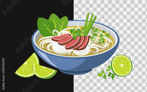 Vietnamese pho with beef slices, fresh herbs, bean sprouts, and lime wedges in a steaming bowl, street food vibe