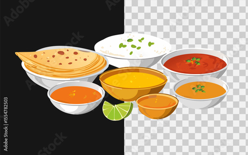 Indian thali with small bowls of curry, dal, naan, rice, and chutney on a traditional metal platter, top-down view