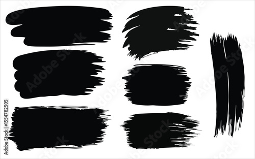 Collection of diverse black ink brush stroke textures and shapes isolated on a clean white background for graphic design elements, grunge-style branding, abstract art