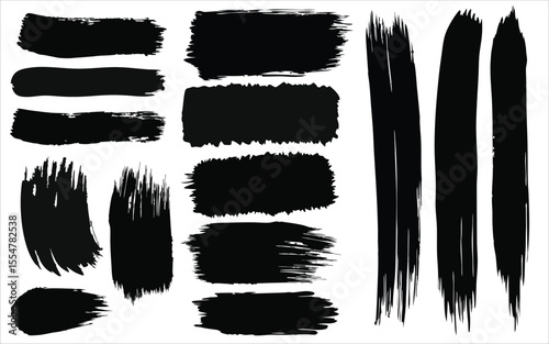 Collection of diverse black ink brushstrokes and splatters with rough edges presented as graphic elements isolated on a white background. Ideal for use in grunge-style branding, abstract art, graphic 