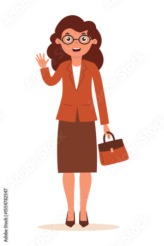 Businesswoman greeting with handbag in business suit on solid background in daytime. Flat style girl character isolated on white background.