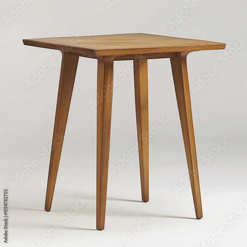 A square wooden side table with three legs against a white background in a studio setting view