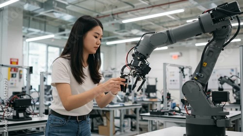 Young woman interacting with a robotic arm in a modern technology lab filled with equipment