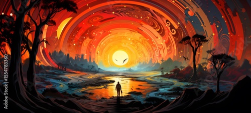 pop surreal unreal silhouettes spiral towards Iguanodon, ai generatif