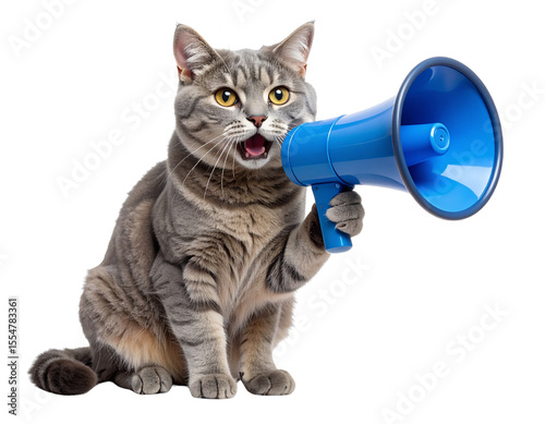 Realistic Grey Cat Gripping Megaphone with Paw Transparent Background PNG