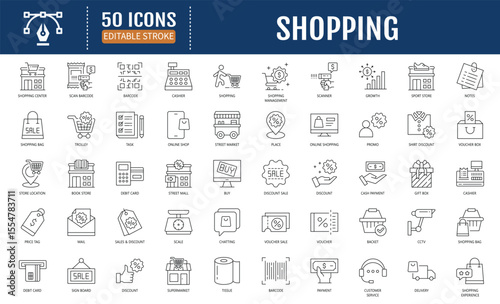 Shopping line icon set. Containing cart, shop, offer,
delivery, e-commerce, buy, product, customer, online
shopping and more. Editable stroke. Vector illustration