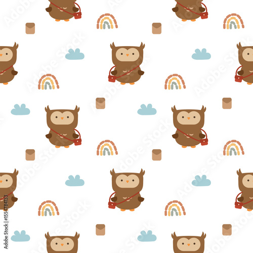 Owl and bag cartoon so cute. On cloud rainbow envelope white background. Pattern seamless vector illustration. 