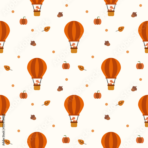 Fox in hot air balloon cartoon so cute. On acorn pumpkin leaf background. Pattern seamless vector illustration. 