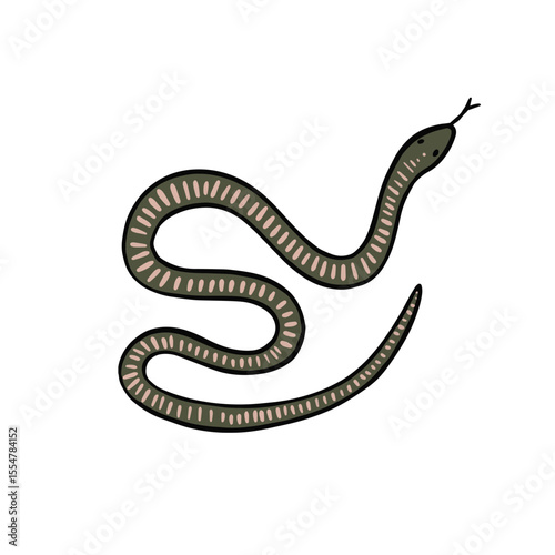 A snake in green and pink with stripes. Illustration created by hand. 