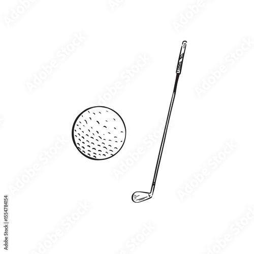 Golf club and golf ball hand drawn in black and white. Sports equipment.
