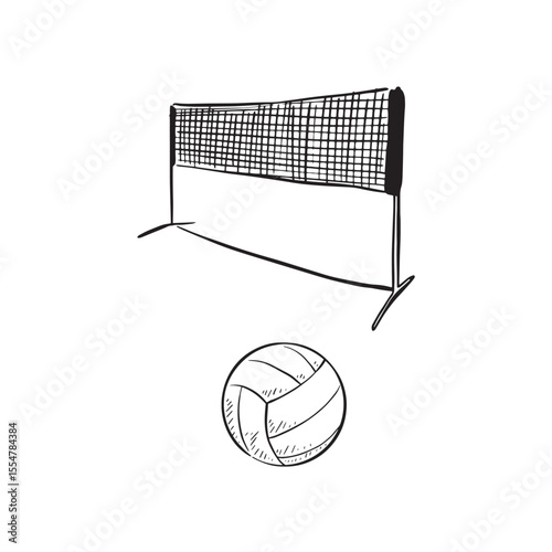 Volleyball equipment, drawn in black and white. ball and net.