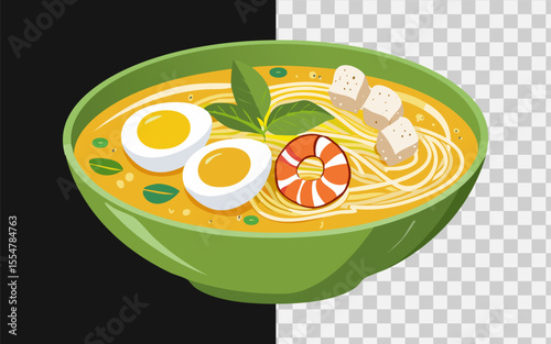 Malaysian laksa noodle soup with shrimp, boiled egg, tofu puffs, and bean sprouts, spicy coconut broth