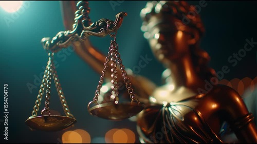 Statue of justice holding scales illuminated at night in a city setting