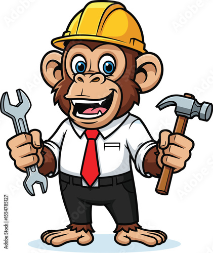 Cartoon monkey mascot character wearing a construction hard hat, shirt, and tie, happily holding a hammer and wrench. Funny vector handyman chimp