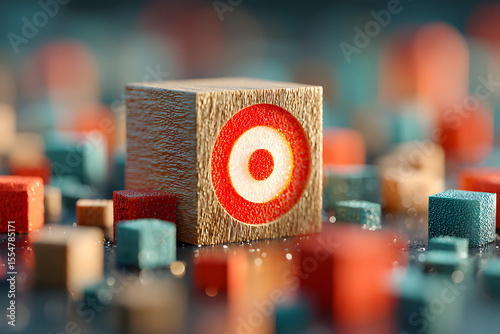 A wooden cube marked with a target icon symbolizes strategic decision-making and business focus amid scattered blocks representing challenges and growth opportunities